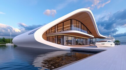 Fototapeta premium Modern Luxury Waterfront House with Boat Dock and Scenic View