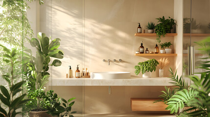 Luxury bathroom with modern décor, plants, and a relaxing atmosphere.