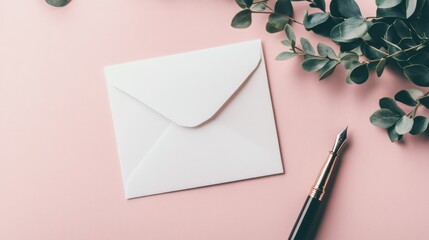A blank wedding invitation card mockup, surrounded by soft, delicate flowers in light pastel colors.