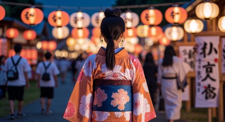 Woman wearing a yukata during a summer festival at night
