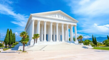 Elegant White Building Surrounded by Greenery and Blue Sky