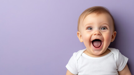 Happy baby with big smile on light purple background, radiating joy