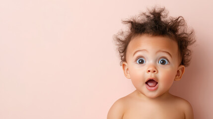 baby with curious gaze and surprised expression on soft pink background