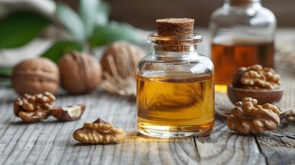 Walnut oil in bottle on white wooden background