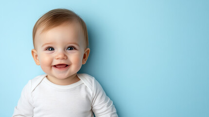 Smiling baby with soft expression on pastel blue background