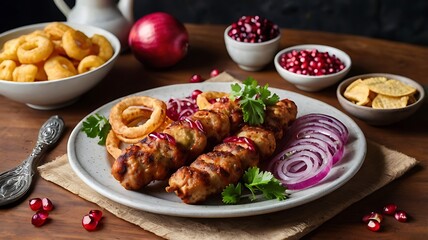 Homemade grilled pork ribs. Kebab on skewers and pomegranate sauce