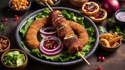 Homemade grilled pork ribs. Kebab on skewers and pomegranate sauce