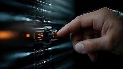 Fototapeta premium hand interacting with futuristic interface, showcasing technology and innovation. image conveys sense of advanced digital interaction