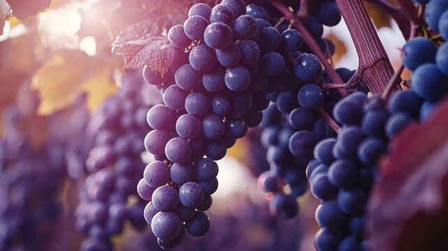 Close-up of purple grapes on the vine, with a beautiful background, sun rays, and bokeh. This professional photography shot, in the style of advertising, was taken with a wide-angle lens.