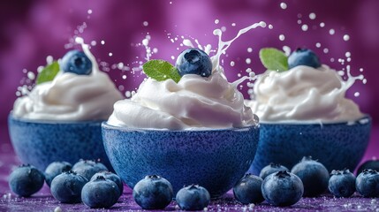 splash of creamy white liquid surrounds fresh, plump blueberries, creating a beautiful contrast against a vibrant violet backdrop