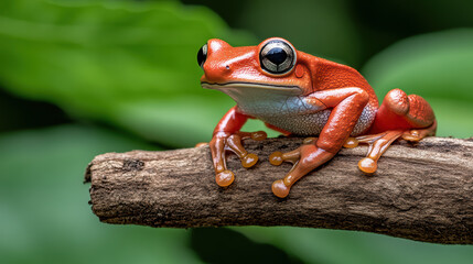 Obraz premium Colorful red frog perched on branch against lush green backdrop