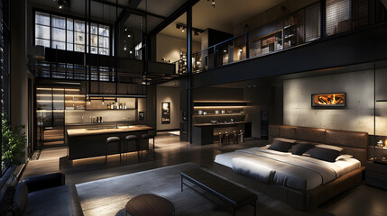 Urban-style living space with dark tones and modern design elements.