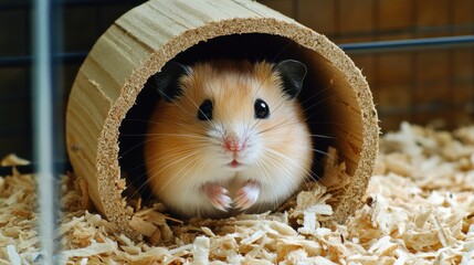 Cute hamster peeking from wooden tunnel	