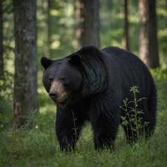 "Capture a black bear in side-view, walking through a forest clearing. Use a DSLR camera for a high-resolution image with a blurred green background."