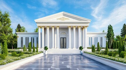 Obraz premium Majestic Classical Architecture with Columns and Lush Garden Landscape