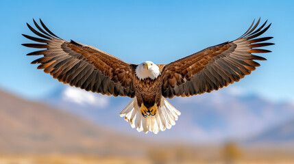 Obraz premium Majestic eagle soaring against clear blue sky, showcasing its powerful wings