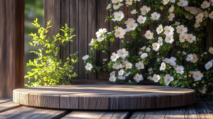wooden podium set against a lush backdrop of white cistus ladanifer plants and flowers.
