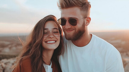 Obraz premium happy couple enjoying sunset together, smiling and embracing each other