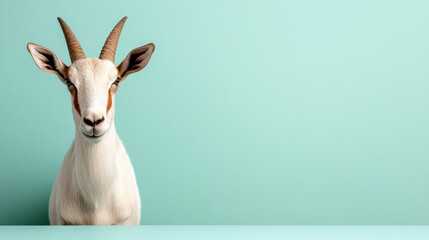 goat with distinctive horns poses against serene light blue background