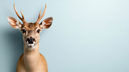 Obraz premium Majestic stag with antlers against serene light blue background