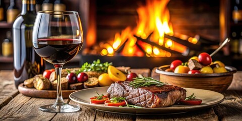 Fototapeta premium Elegant dinner setup on a table with a grilled steak, roasted vegetables, and a full bottle of red wine in the background , fine dining, sophistication
