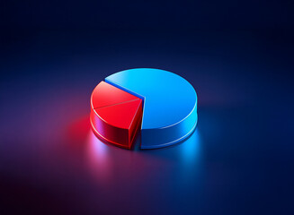 A 3D pie chart, divided into two segmentsred and bluerests on a dark, reflective surface.  Illuminated by vibrant, contrasting lights, it represents data proportions.