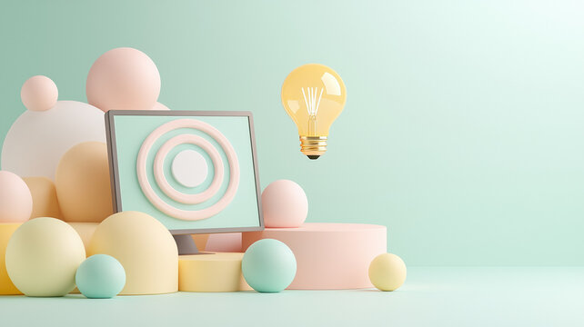 Creative visualization of online marketing with pastel shapes and light bulb