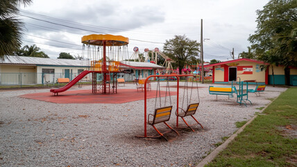 Deserted amusement park with rusted rides and empty playground equipment, evoking haunting atmosphere