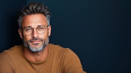 Obraz premium confident man with glasses smiling against dark background