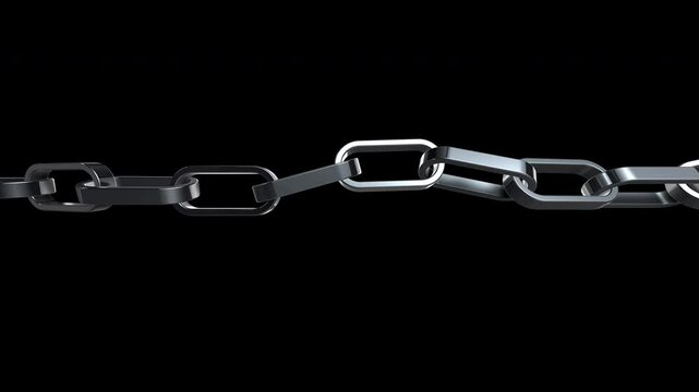 Rotating chain link in steel color with ambient light, reflections and shadows, concepts, ideas, 4k, transparent background with alpha channel, seamless loopable element