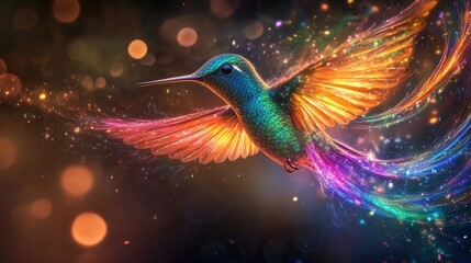 Obraz premium A vibrant, digitally rendered hummingbird is depicted mid-flight against a dark background