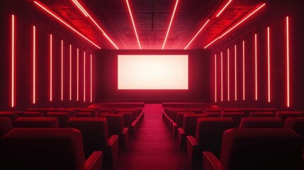 Fototapeta premium People in the cinema auditorium with Cinema blank wide screen and red chairs in the cinema hall,People silhouettes watching movie performance,empty white screen,space for text,copy space.