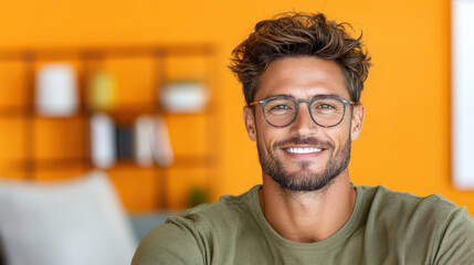 Obraz premium Smiling man with glasses on pastel orange background, radiating warmth and confidence