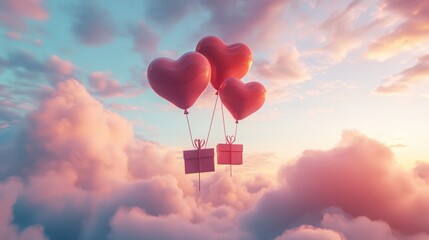Fototapeta premium A Box flying on a parachute with pink cloud in valentine day,package flying down from sky and cloud with parachute, concept for delivery service,shopping online,air delivery service.