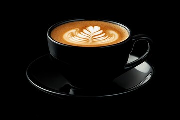 Cup of coffee with latte art isolated on black background.