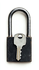 A metallic padlock with a key placed on top, symbolizing security, safety, and protection of valuable assets.