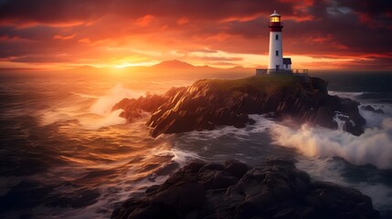 Fototapeta premium Majestic lighthouse standing tall overlooking a breathtaking ocean sunset landscape Dramatic sky colors reflecting on the tranquil waters creating a picturesque and serene coastal scene
