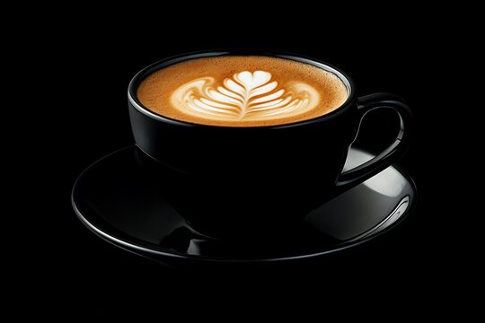 Cup of coffee with latte art isolated on black background.