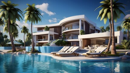 Obraz premium Picturesque view of a luxurious villa with a sparkling swimming pool surrounded by lush swaying palm trees in a serene tropical paradise setting This idyllic scene evokes feelings of relaxation