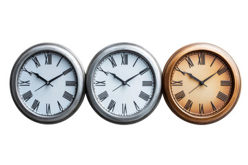 Wall clocks in various styles showcasing different colors and designs in a decorative arrangement