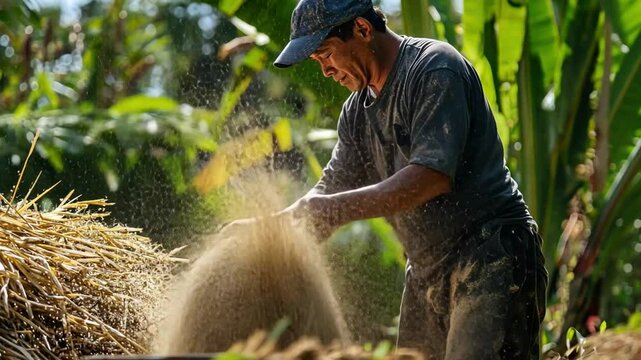 An Asian man works in the fields. Wear a hat and black shirt