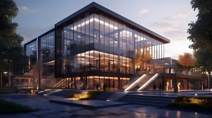 Obraz premium Sleek and Stylish Contemporary Office Building with Expansive Glass Facade Reaching Towards the Sky in an Urban Setting