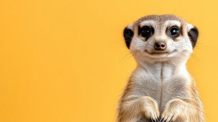 Playful meerkat standing on its hind legs against bright background