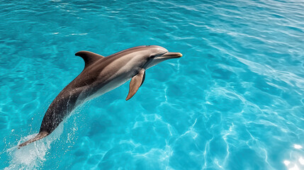 Playful dolphin leaping over bright turquoise surface, showcasing joy