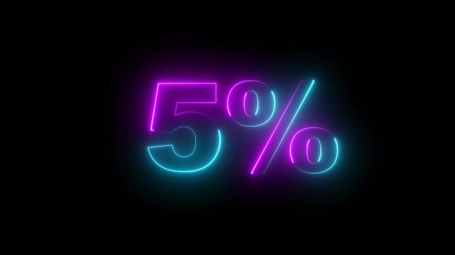 Glowing neon number 5% discount big offer sale business animation 4k video.5 percent glowing neon sign on black background. Neon glowing 5  percent sign on black background. 