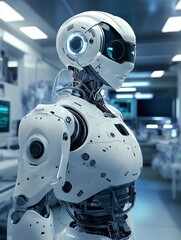 Fototapeta premium Sleek white robot stands calmly in sterile lab bathed in cool blue light. AI Generated