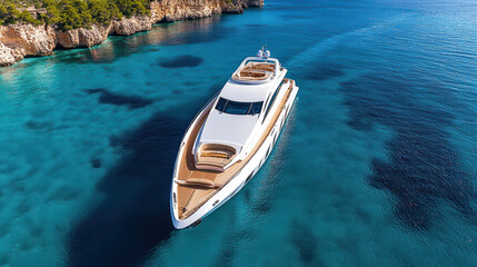 Obraz premium Luxurious yacht sailing on clear blue waters near rocky coastline