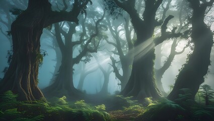Obraz premium A foggy forest with rays of sunlight breaking through tall ancient trees