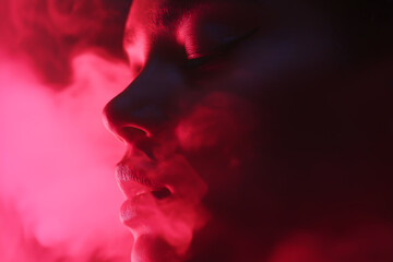 Close-up of a woman exhaling red smoke against a vibrant red background, creating a dramatic and artistic effect