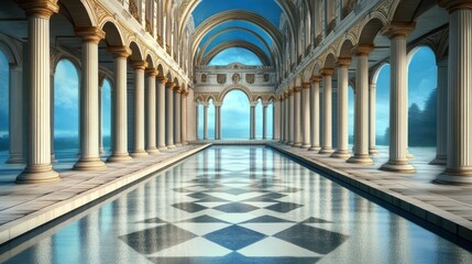 Fototapeta premium Majestic Architectural Space with Arched Columns and Reflection Pool